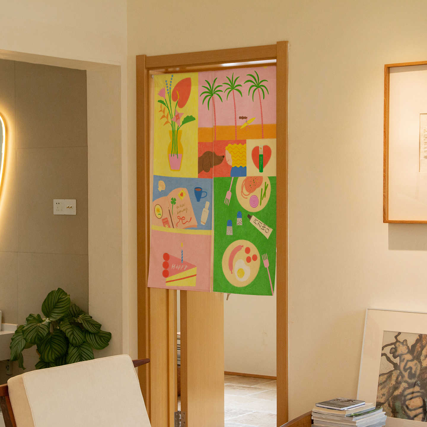 Commercial Window Printing - ม่านประตูโนเรนลายวาดมือสไตล์ทรอปิคอล VIKAMA พร้อมช่องร้อยราว สำหรับตกแต่งห้องครัว คาเฟ่ สไตล์มินิมอล