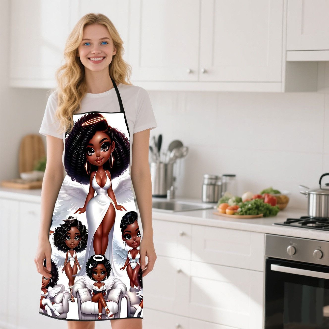 Commercial Fabric Printing - ผ้ากันเปื้อนครัวพิมพ์ลาย Angel Beauty น้ำหนักเบา ระบายอากาศได้ดี กันน้ำ