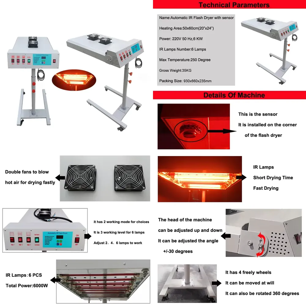 Flash Dryer Screen Print - เครื่องอบแห้งแบบ IR สำหรับพิมพ์เสื้อยืดอัตโนมัติ 6000W หมุนได้ 360