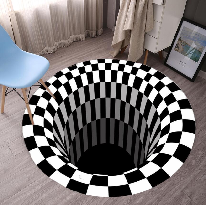 Commercial Fabric Printing - เรขาคณิตห้องนอนพรมสีดําสีขาวการพิมพ์ 3D ภาพลวงตา Vortex Bottomless Hole